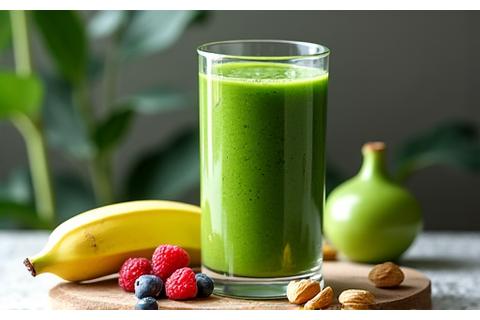 Fresh green smoothie in a glass with a vibrant mix of spinach, banana, and protein powder, accompanied by a few healthy snacks like nuts, conveying energy.